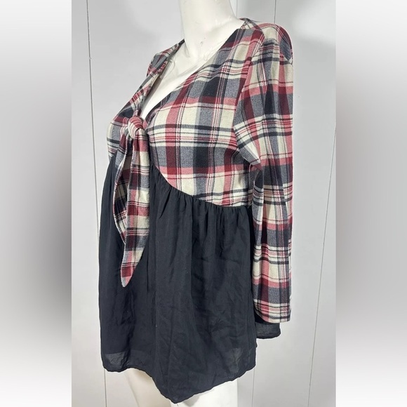 NWT Entro Sz M Women's Plaid Long Sleeve Tunic Top Boho Multicolor Front Tie - Picture 3 of 11